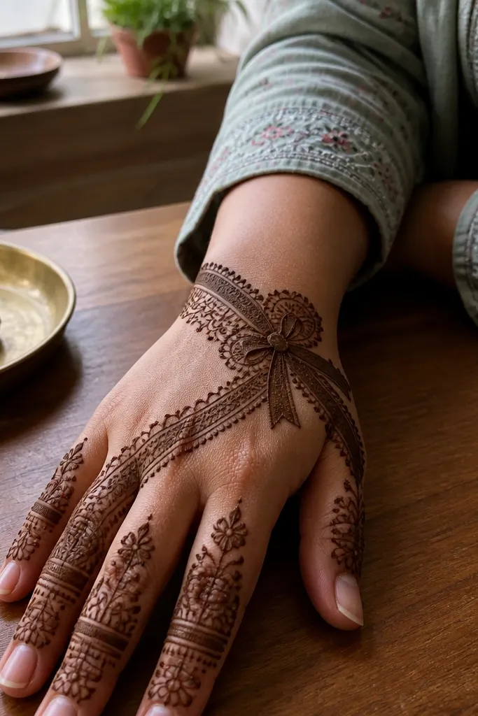 Back hand with a diagonal ribbon band and a knot-like center motif