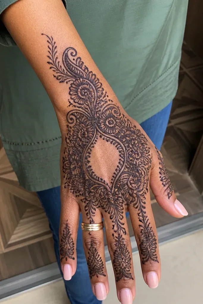 Back hand fully covered in lace with feather-like edges near the wrist