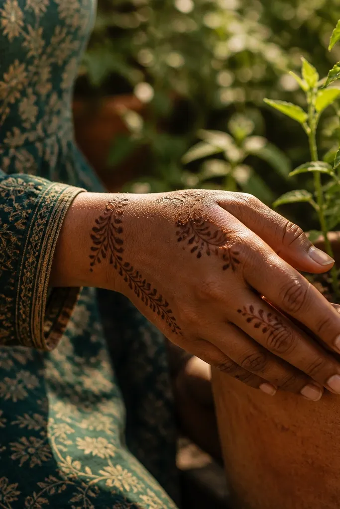 Back hand with vine lines running from thumb to wrist and three leaf clusters