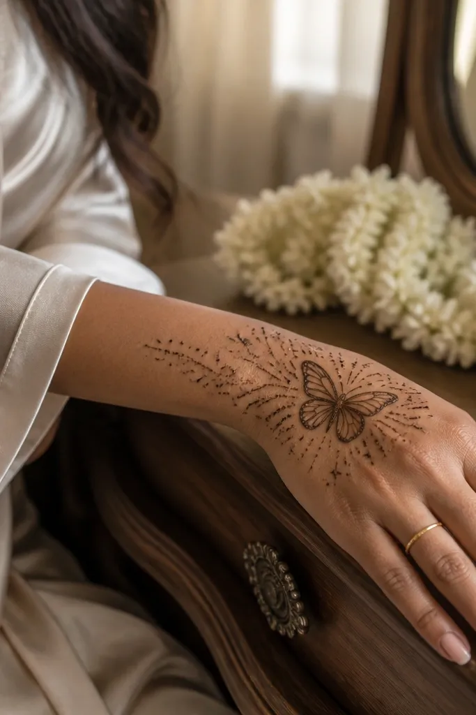 Back hand with a butterfly burst motif and dot trails radiating outward