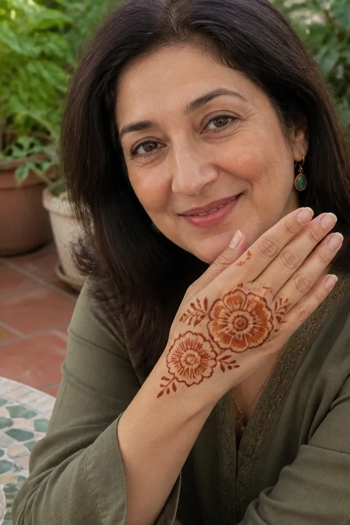 Back hand with a peony-style flower cluster and open petal outlines