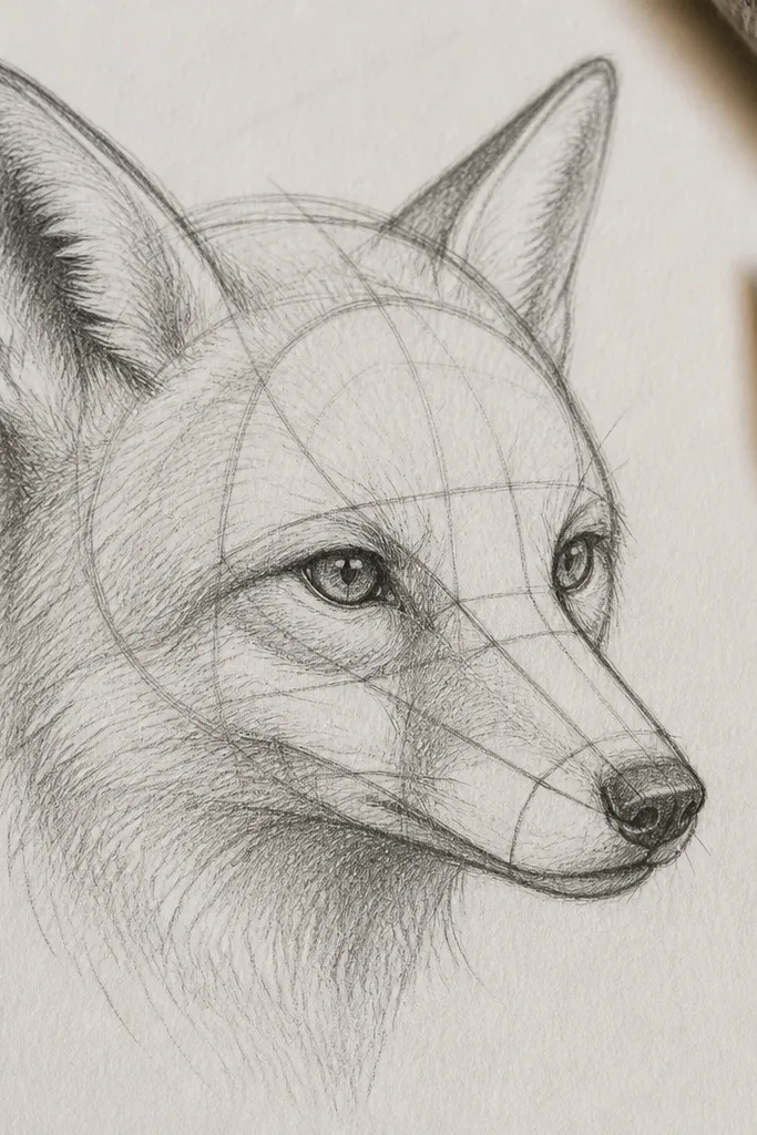 Fox head sketch with an oval skull and two muzzle planes