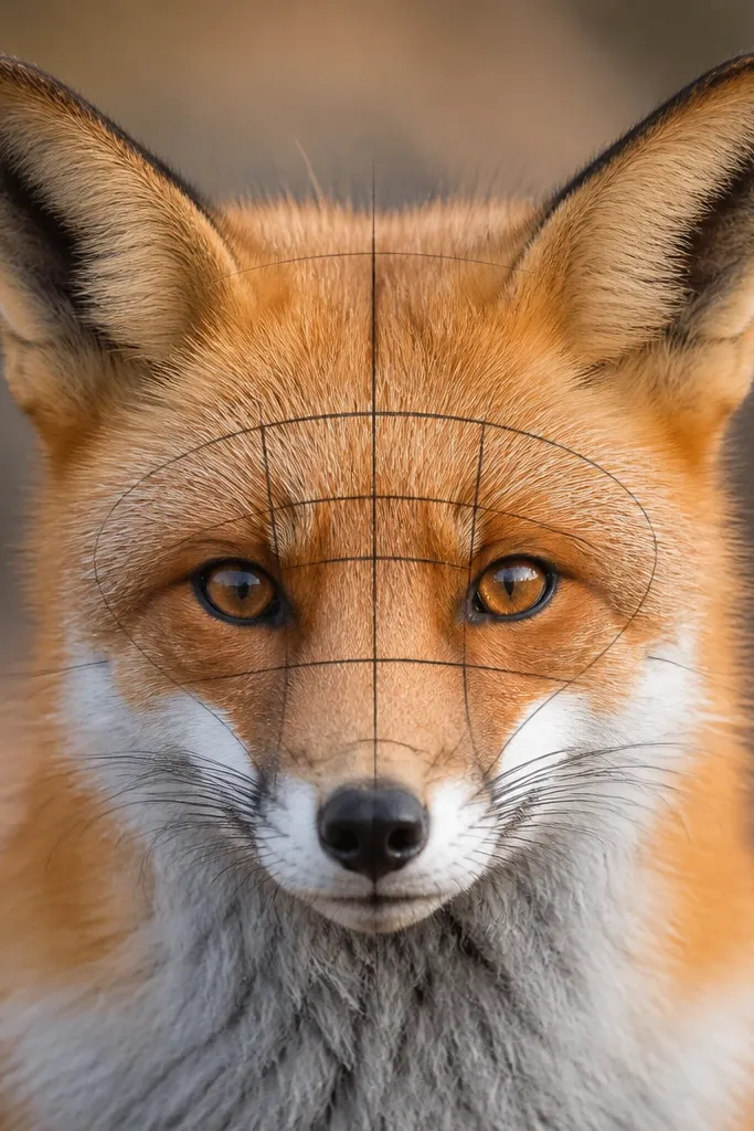 Sketch grid on a fox face showing eye socket placement