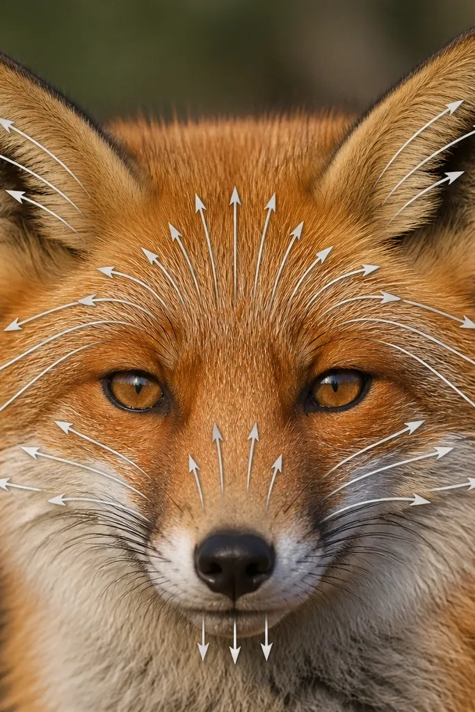 Fox face with arrows showing fur direction over planes