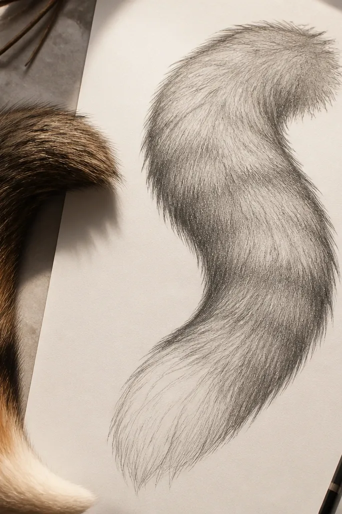Fox tail sketch with a single big mass and lighter texture bands