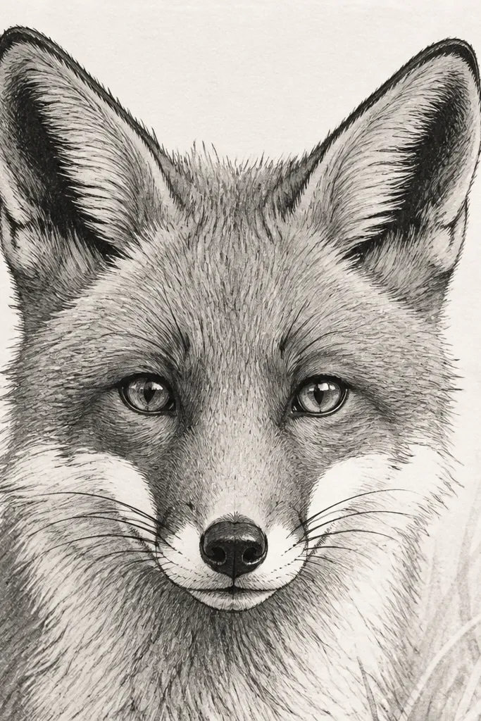 Ink sketch of a fox with three clear value zones on the face