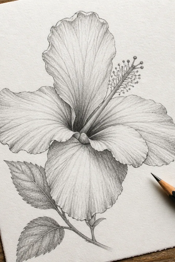 Pencil hibiscus sketch showing one top petal raised and two inner petals overlapping