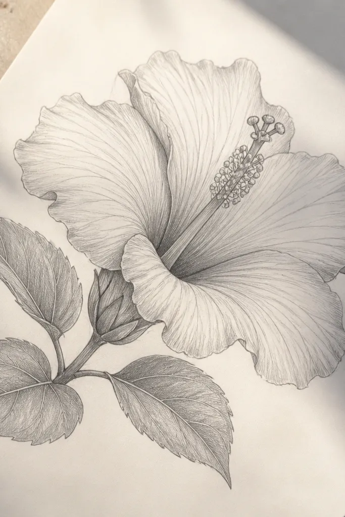 Pencil drawing with light contour curves on hibiscus petals showing roundness