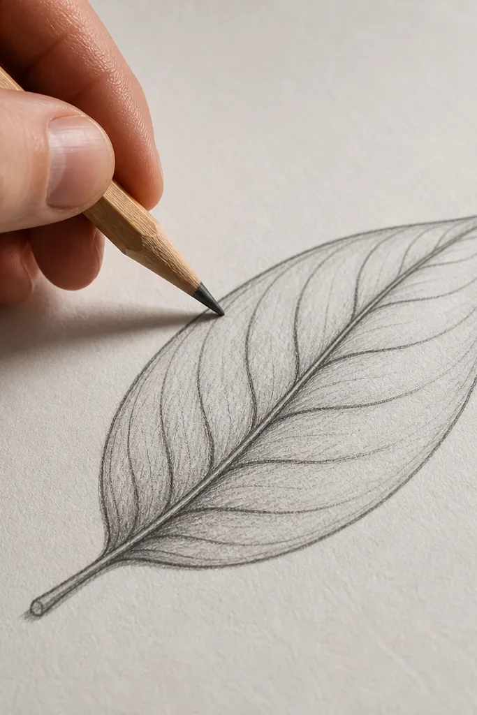 Pencil leaf with a central vein and side veins that curve toward the tip