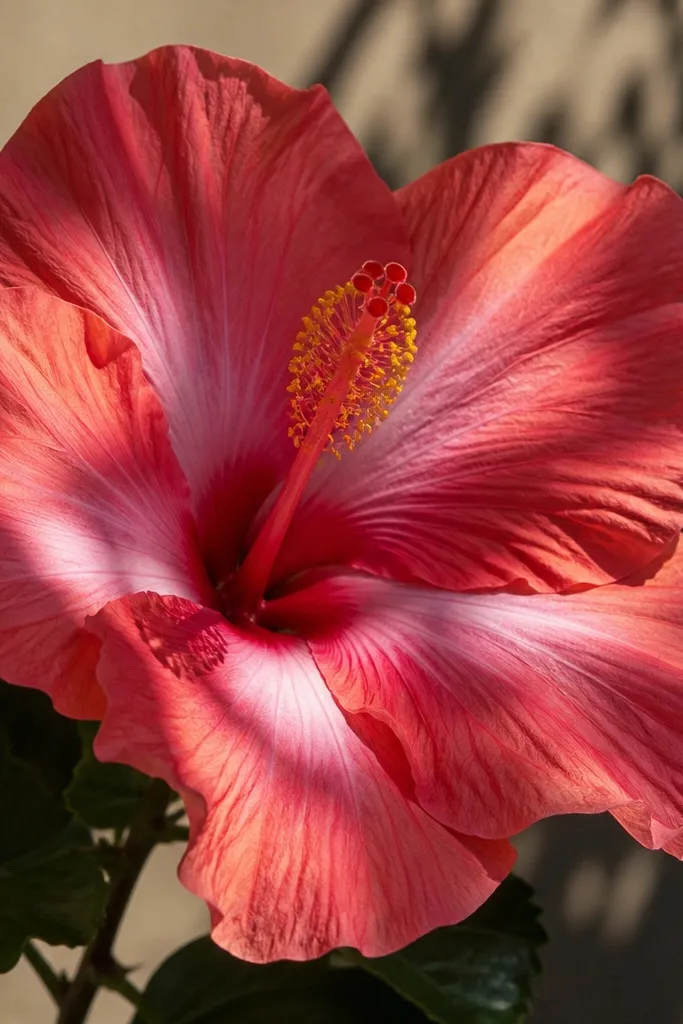 Hibiscus petals shaded with one direction of shadow and a bright highlight band