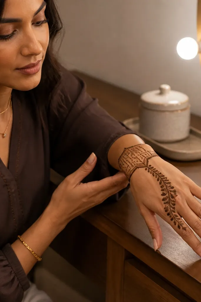 Back hand mehndi with a ladder-like wrist band and a vertical vine to the middle knuckles