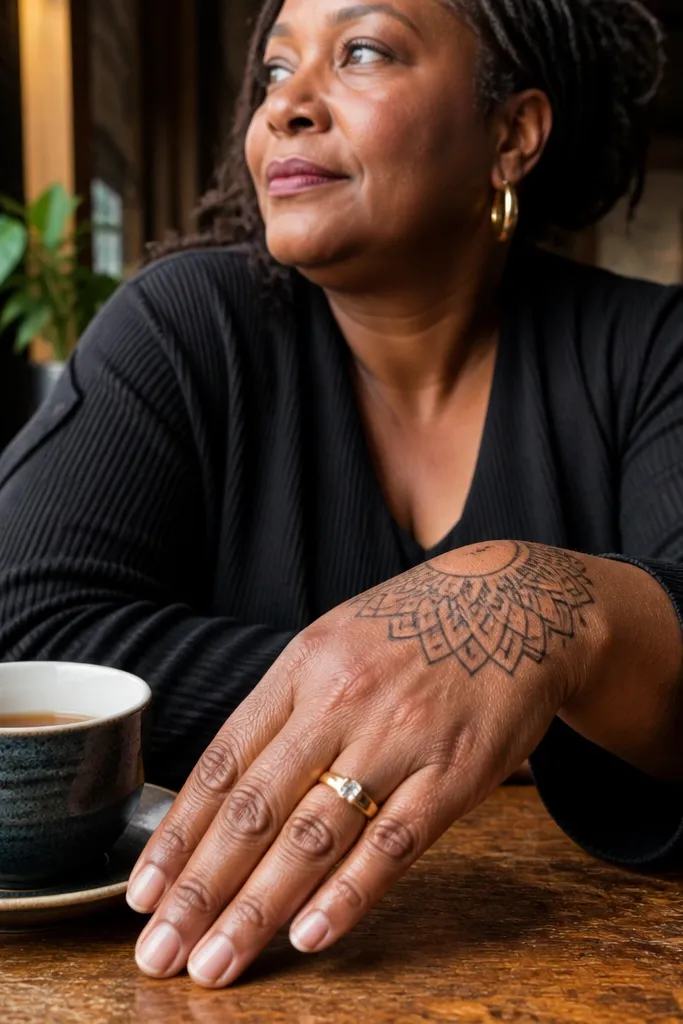 Back hand mehndi with a fan shape near the thumb web and two rows of petal motifs