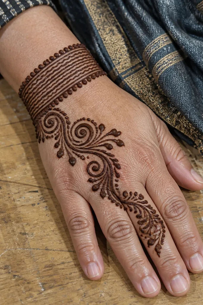 Back hand mehndi with a ribbed cuff and side scrolls reaching toward the ring finger