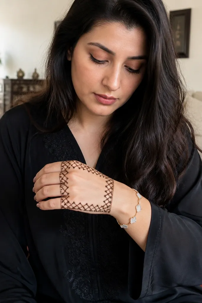 Back hand mehndi with a lattice grid over the knuckles and open space toward the center