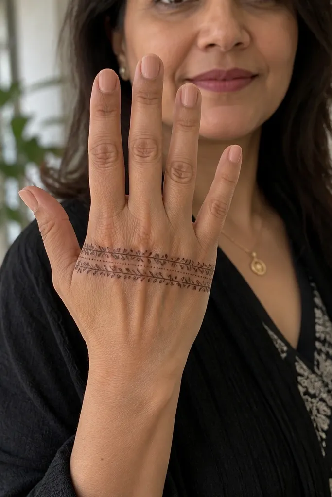 Back hand mehndi with two vines framing fingers like a halo