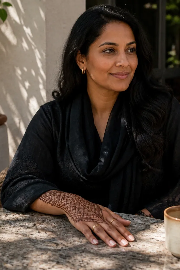 Back hand mehndi with an hourglass motif in the center and small dots as connectors