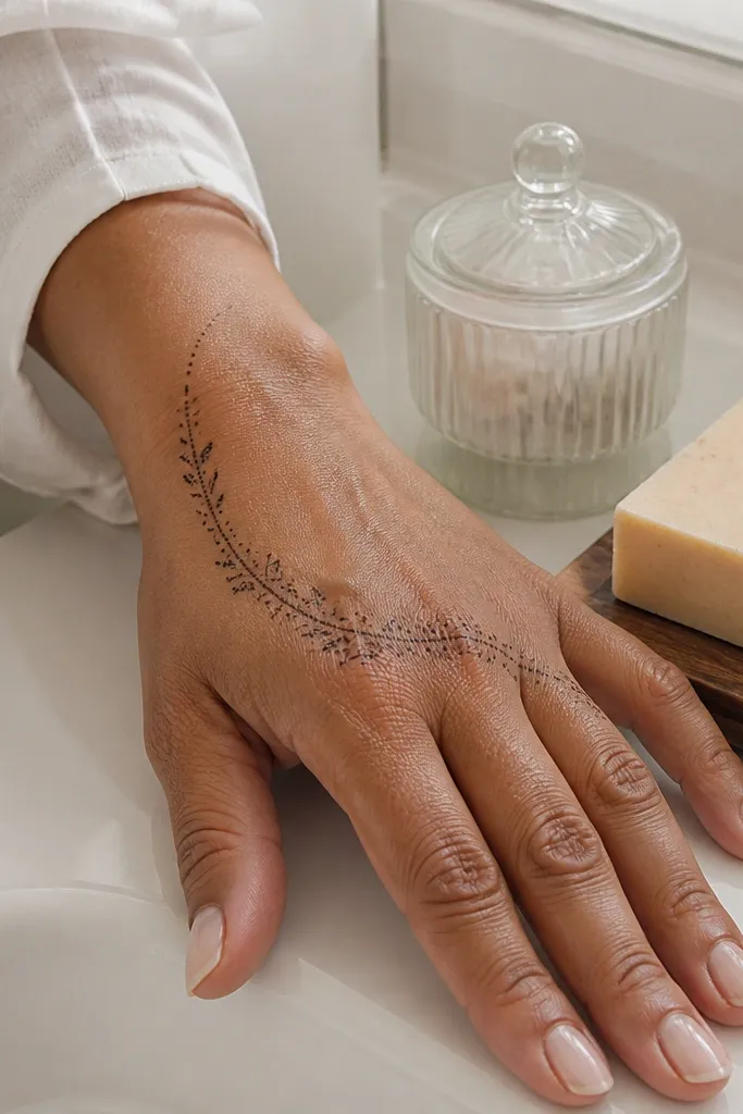 Back hand mehndi with a crescent vine curve and a trail of tiny dots