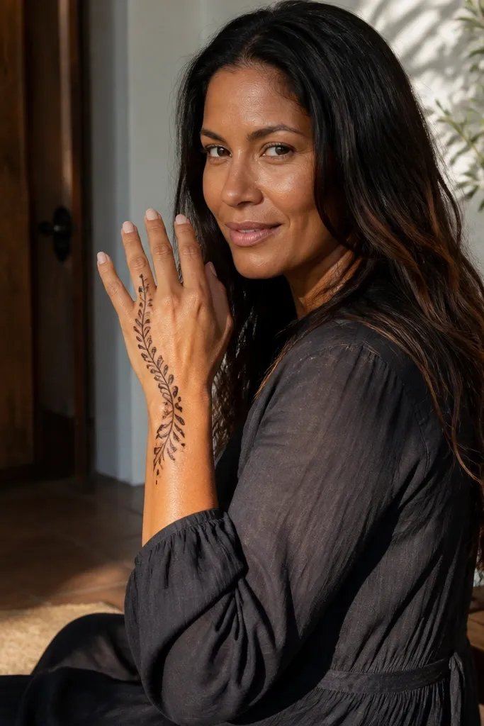 Back hand mehndi with vines tracing only the outer edge and minimal center fill