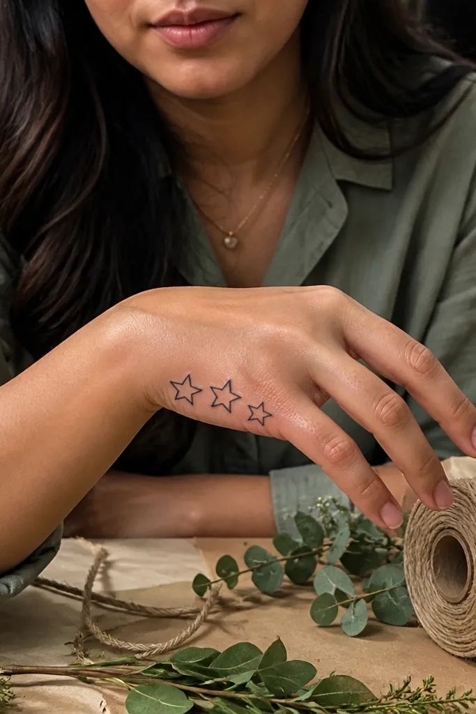 Back hand mehndi with an arch near the thumb side and three star-like motifs
