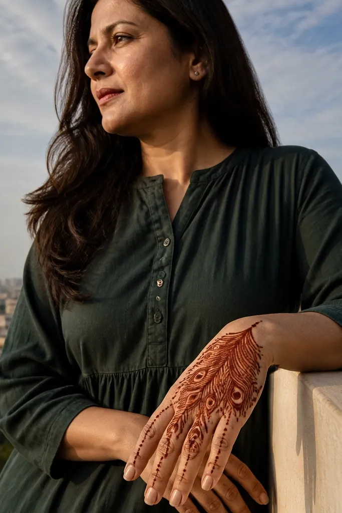 Back hand mehndi with a peacock feather fan motif on the outer side