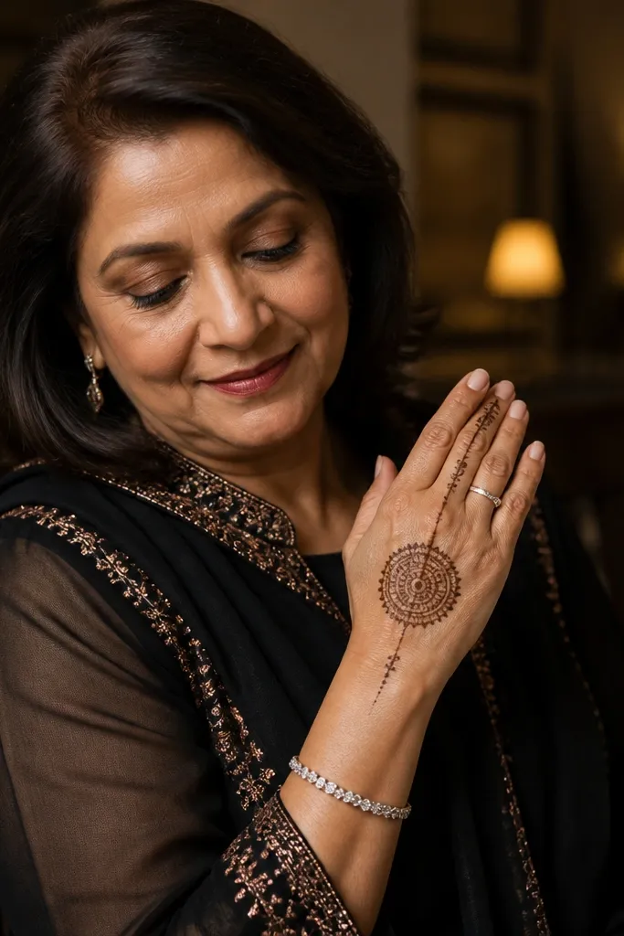 Back hand mehndi with a circular frame and a split open center