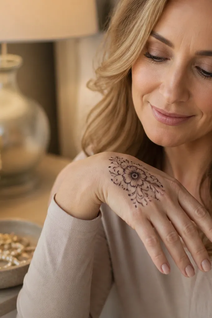 Back hand mehndi with a bouquet halo centered near the ring finger