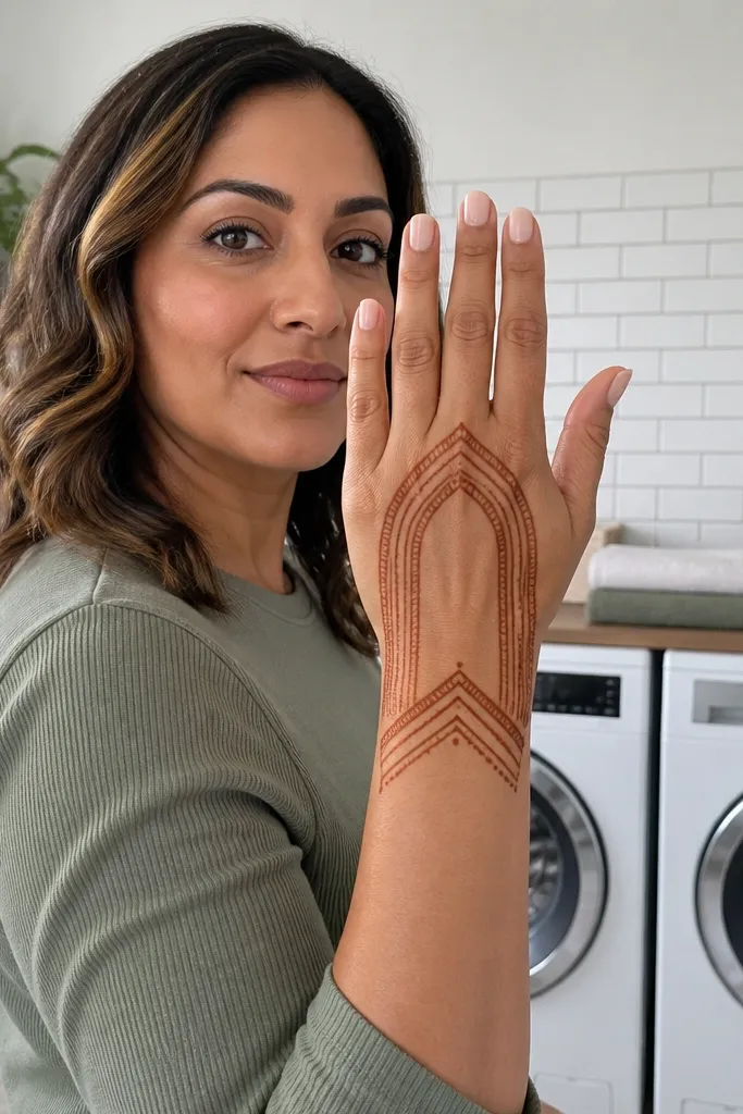 Back hand mehndi with chevron wrist pattern and arches reaching the knuckles