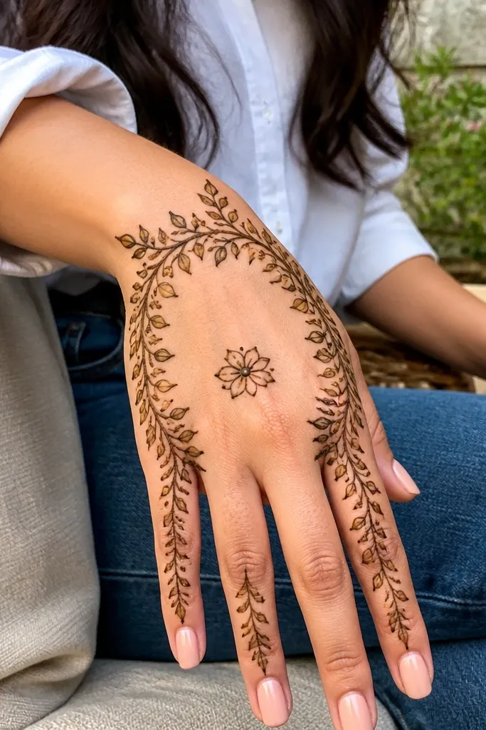Back hand mehndi with a vine border and a negative-space flower in the center