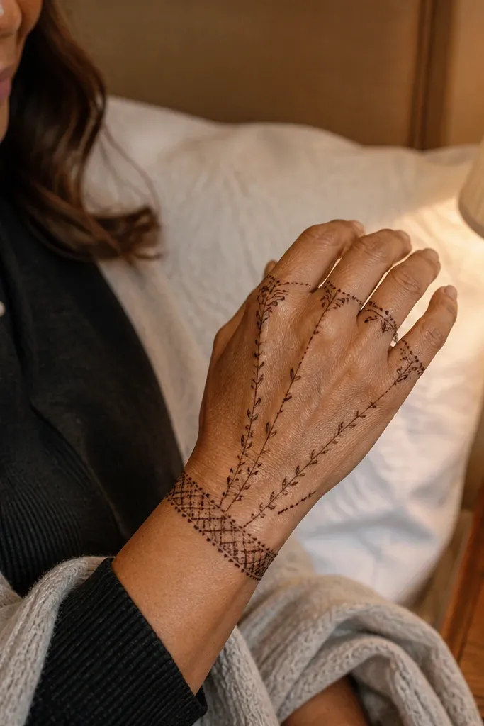 Back hand mehndi with orbit-style dot rings around finger bases