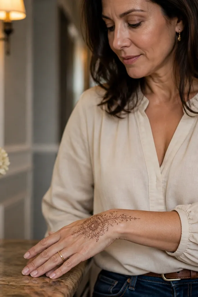Back hand mehndi with a small wrist bloom medallion and side filigree vines