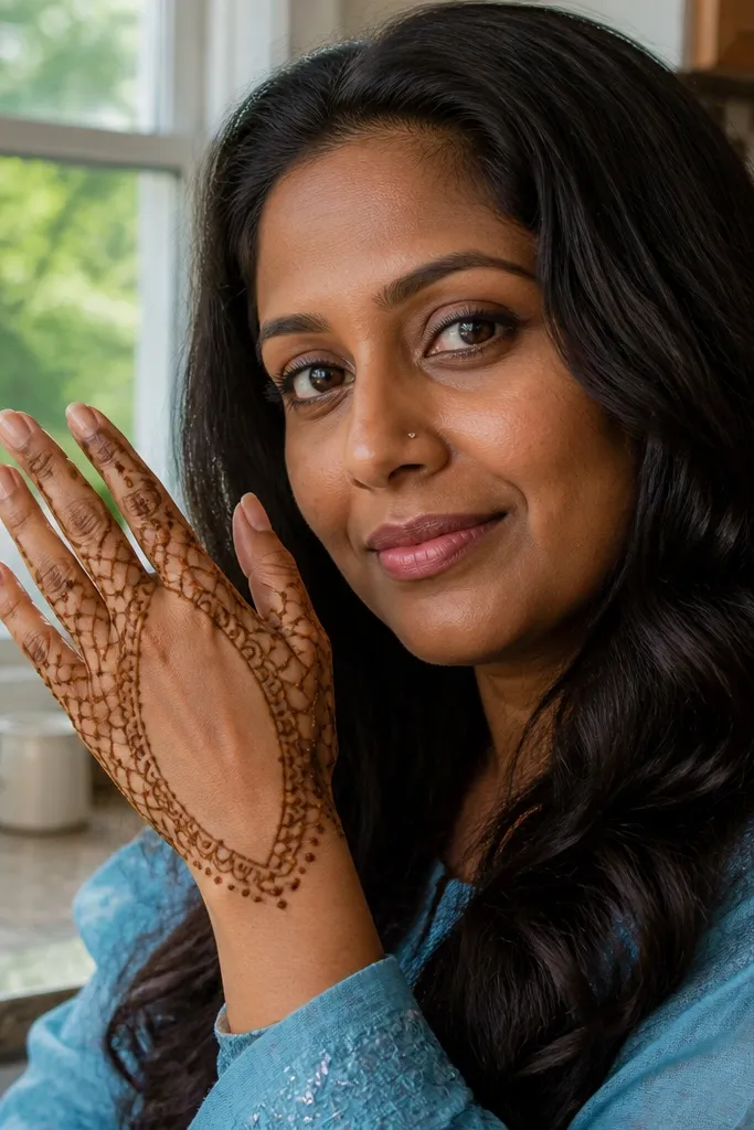Back hand mehndi with an outer lattice veil covering knuckles and open center