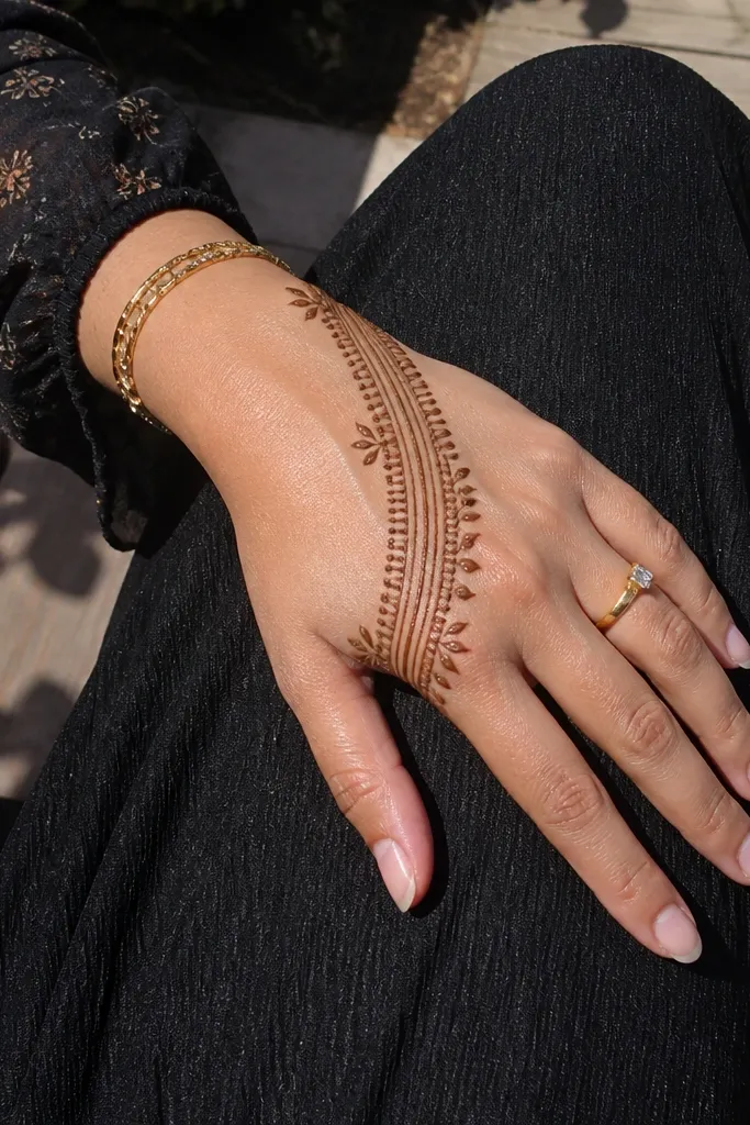 Back hand mehndi with three layered arches leading toward the thumb
