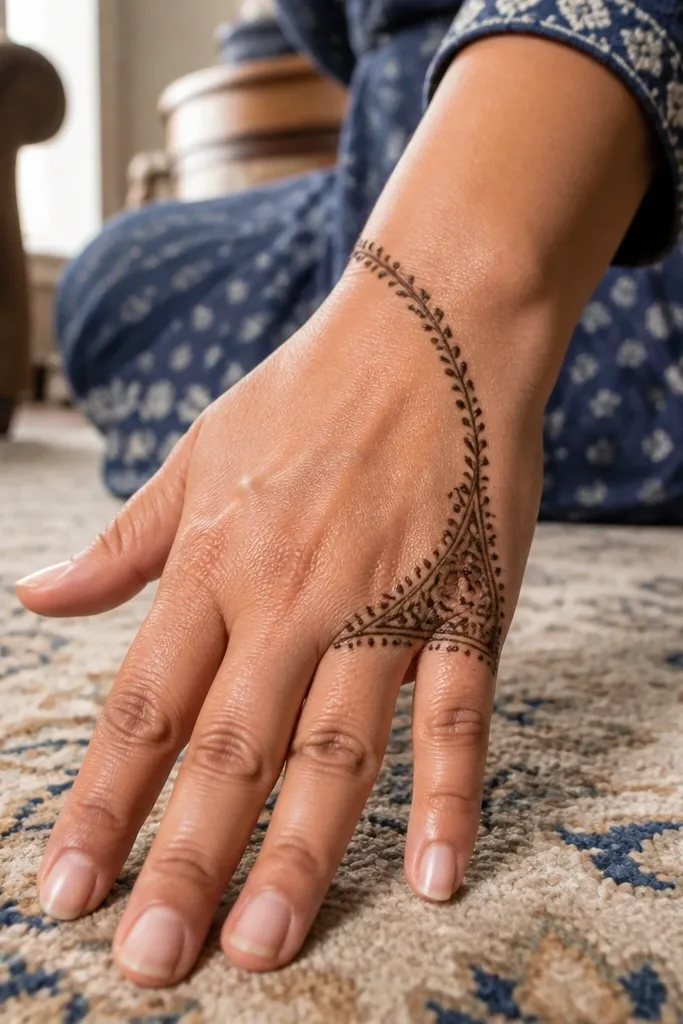 Back hand mehndi with arabesque triangles in one corner and a thin vine runner