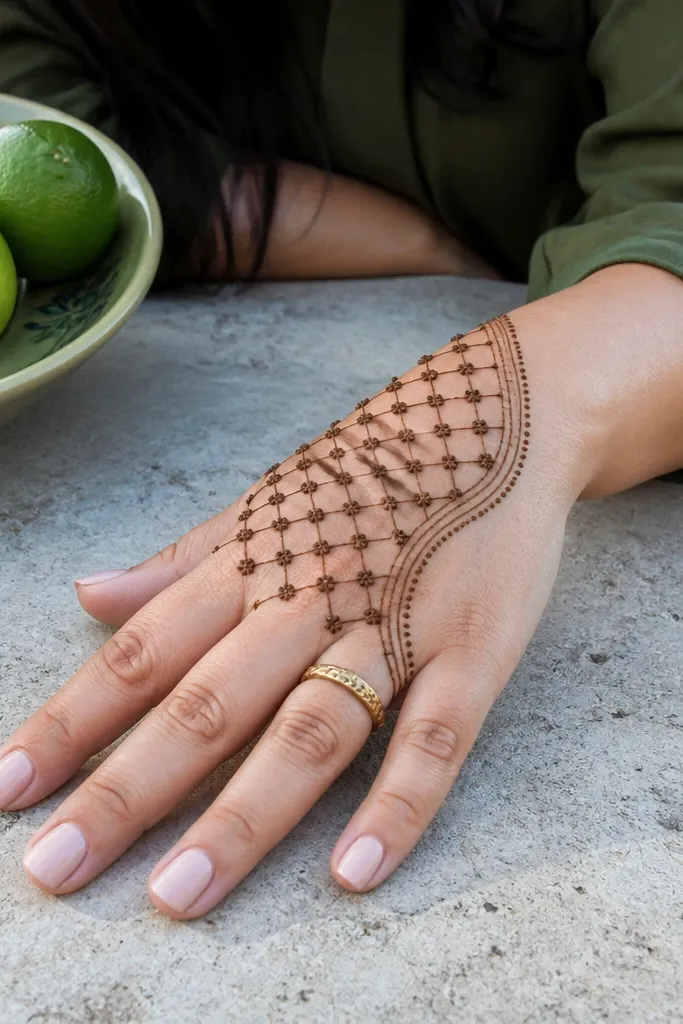 Back hand mehndi with netting near knuckles and a curved border near the thumb