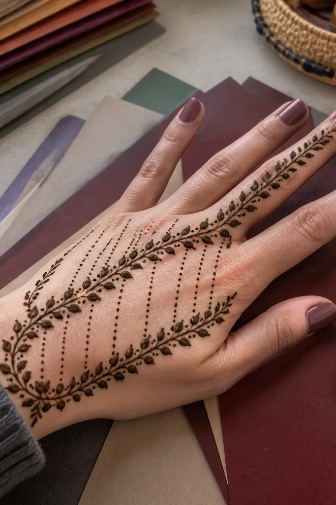 Back hand mehndi with a vine border and vertical dot columns inside