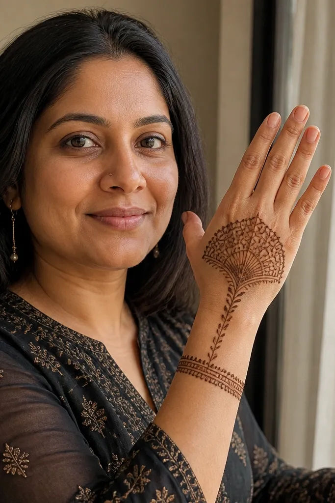 Back hand mehndi with a geometric fan medallion near thumb web