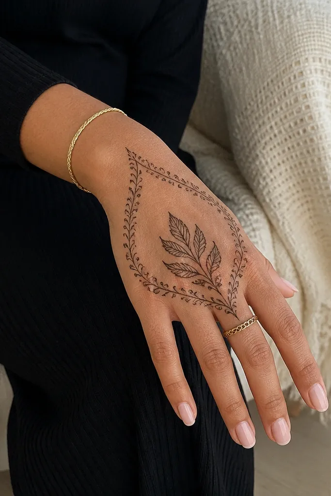 Back hand mehndi with a minimal vine frame and one large leaf motif