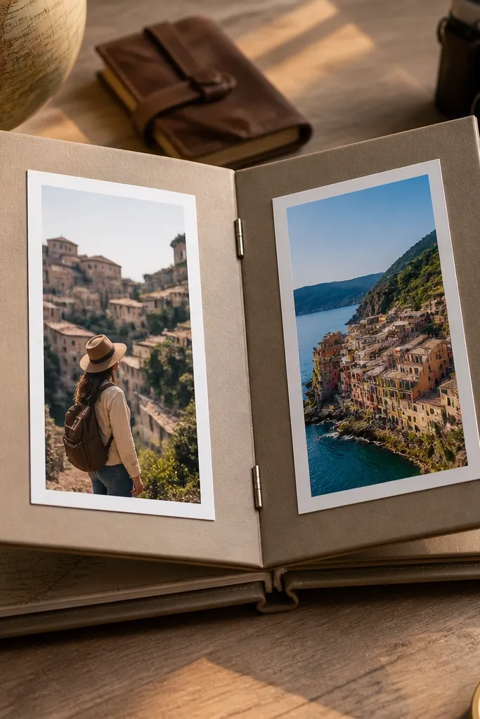 A scrapbook page with two hinged windows showing photos on a gray cardstock base