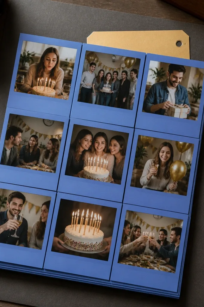 Three polaroid-style photos stacked with a single teal border on white paper