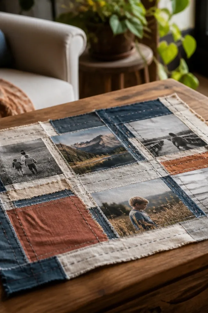 A scrapbook page with a stitched fabric panel holding a strip on cream cardstock