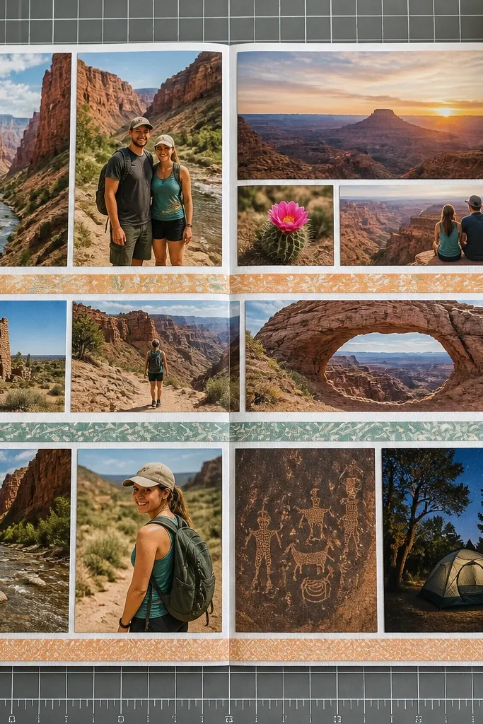 A scrapbook spread with a neat grid of photos in equal heights and thin black dividers