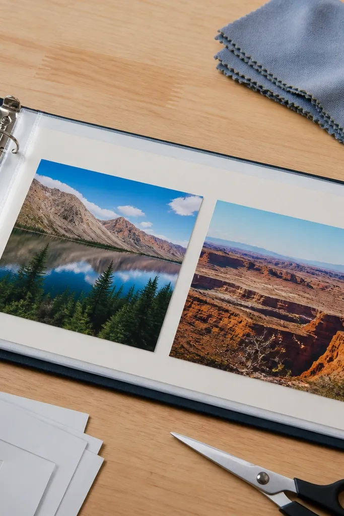 A scrapbook page in a page sleeve with a flat lay and clean binder spine look