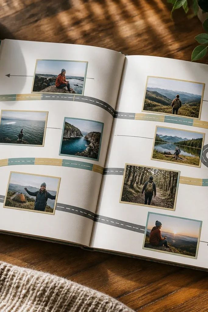 A two-page spread with a timeline arrow, date bands, and photos placed along the line