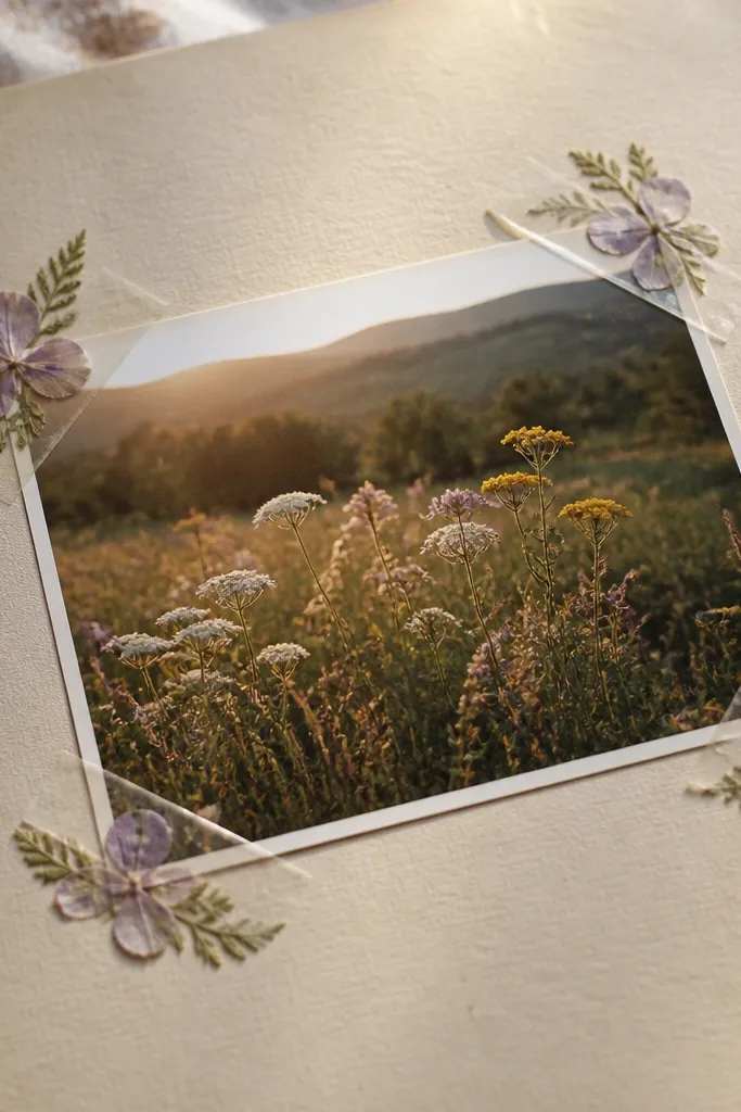 A with pressed flowers tucked into corners under clear tape on off-white cardstock