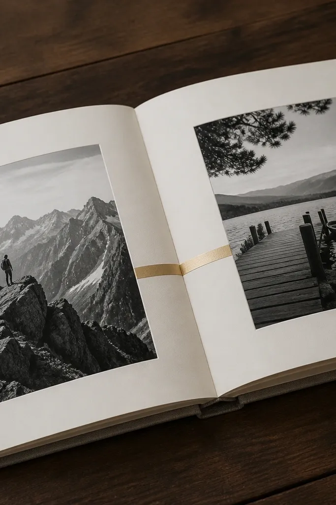 Black-and-white photos framed in gray with a thin gold metallic strip