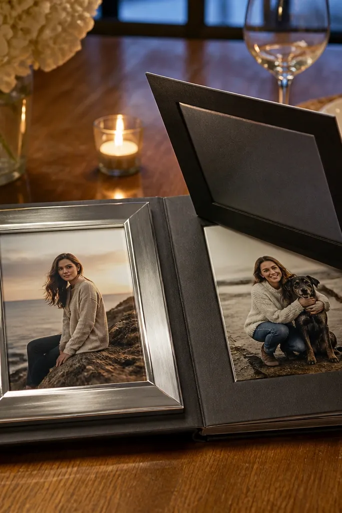 A scrapbook page with a framed and a small flip flap revealing a second image