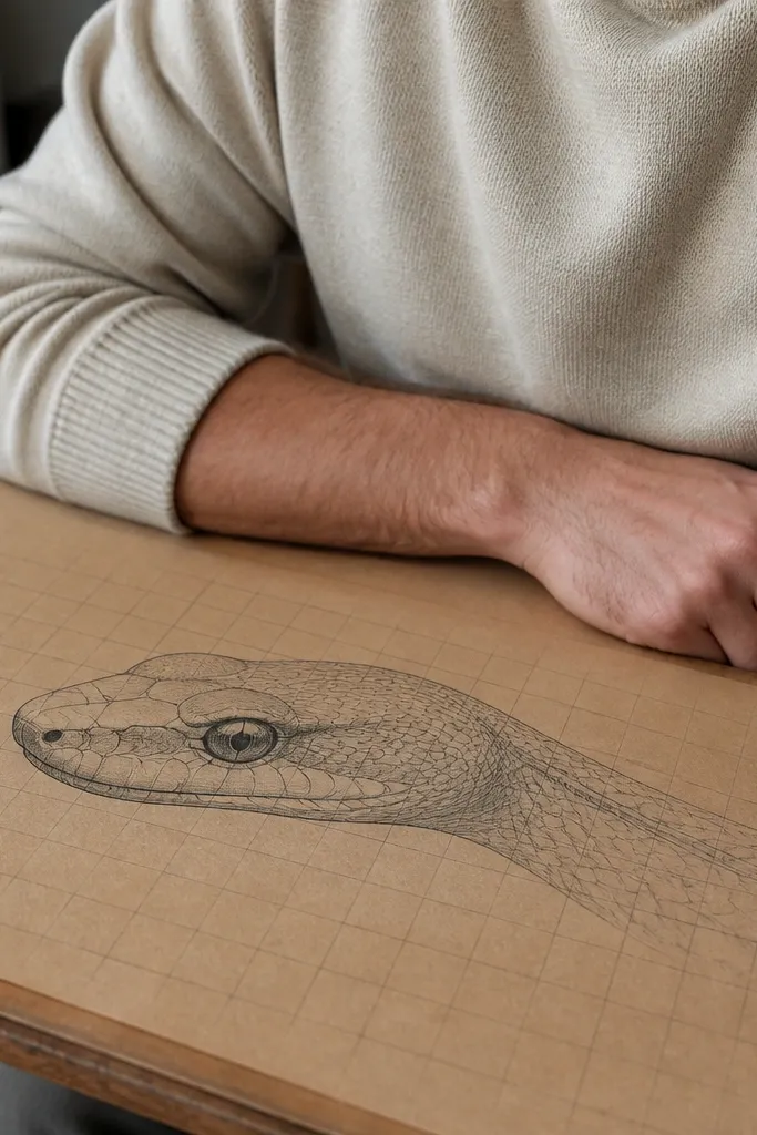 Pencil sketch of a snake head with a clear jawline and eye line