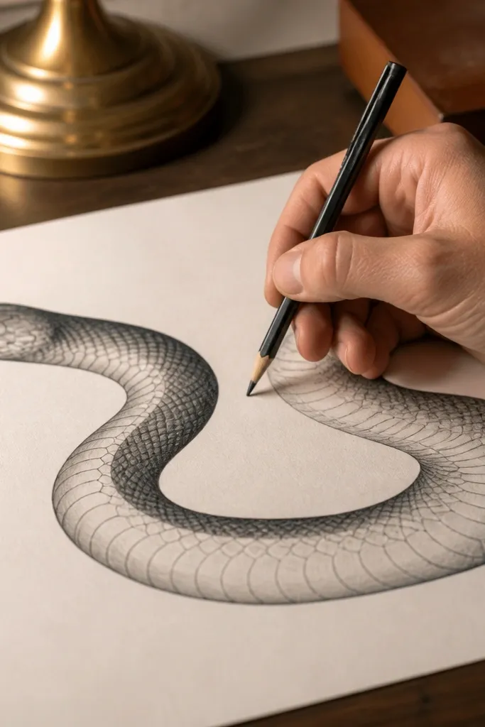 Snake drawing with lighter belly plane and darker top contour