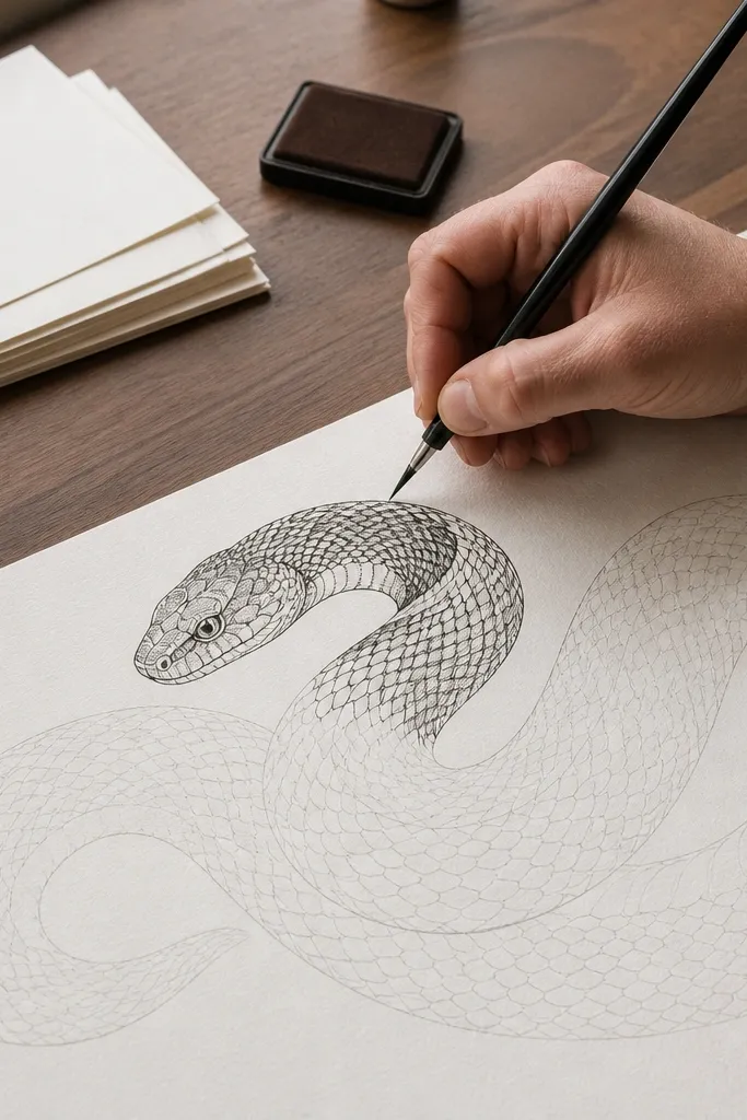 Snake drawing with only some scale zones detailed and others simplified