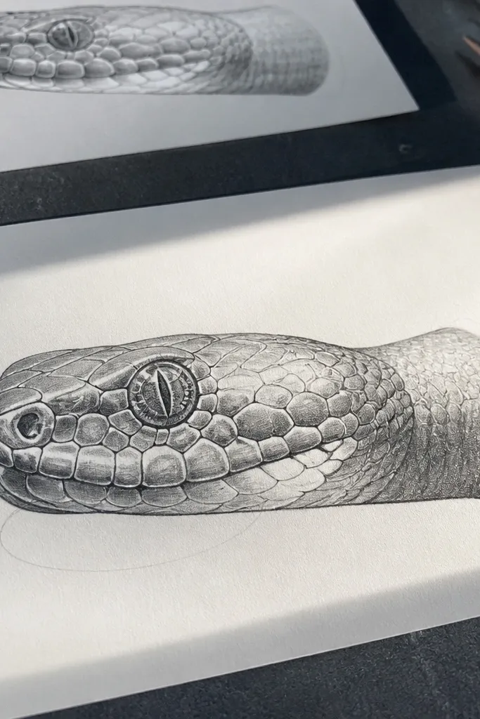 Snake neck drawn with correct foreshortening and angle change
